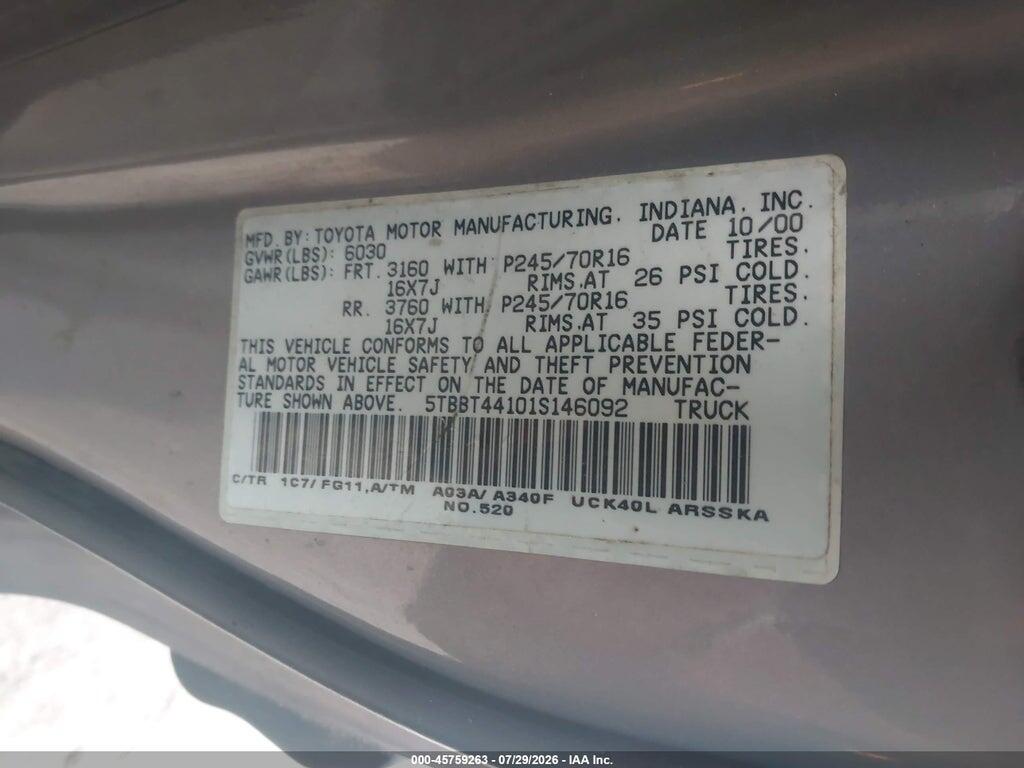 5TBBT44101S146092 2001 TOYOTA TUNDRA photo no. 9