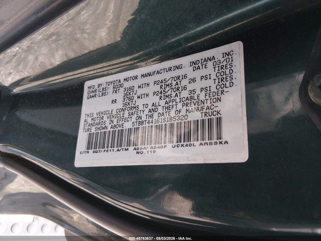5TBBT44161S185320 2001 TOYOTA TUNDRA photo no. 9