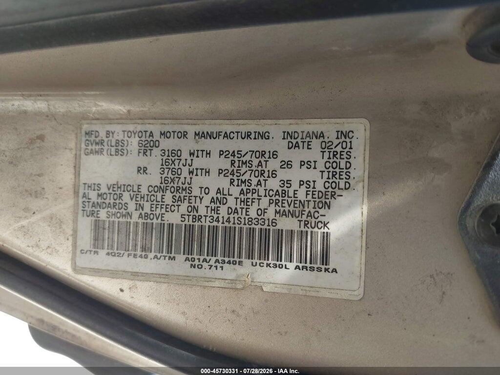 5TBRT34141S183316 2001 TOYOTA TUNDRA photo no. 9