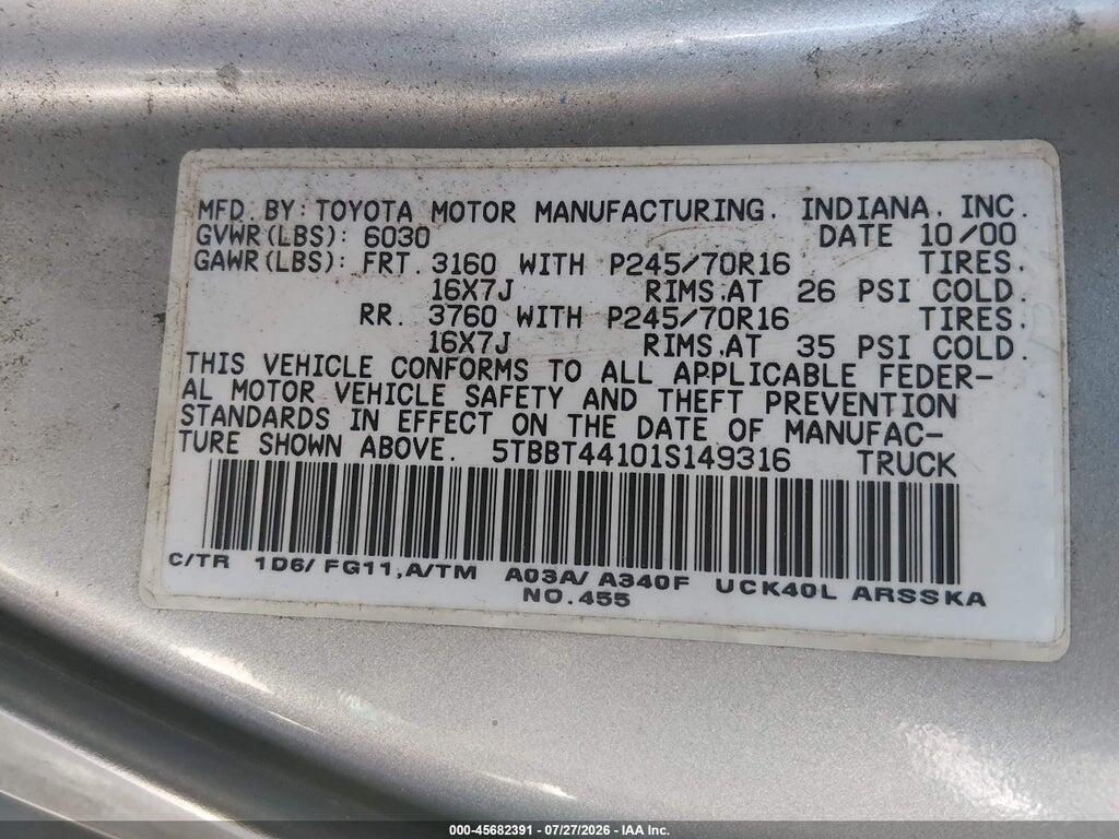 5TBBT44101S149316 2001 TOYOTA TUNDRA photo no. 9