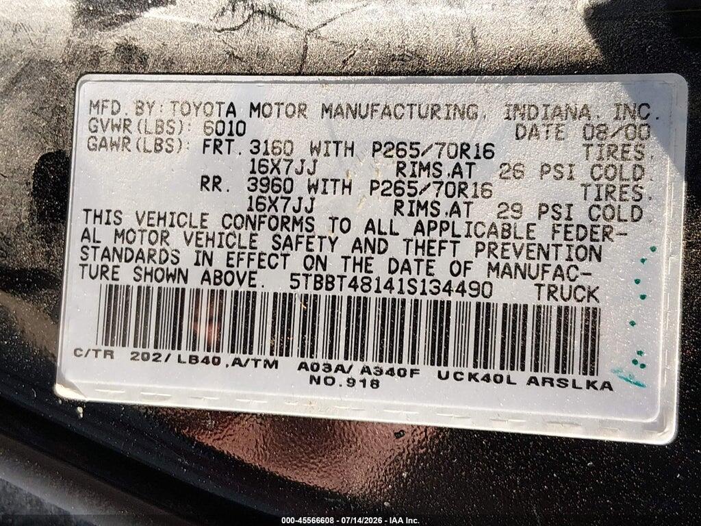 5TBBT48141S134490 2001 TOYOTA TUNDRA photo no. 9