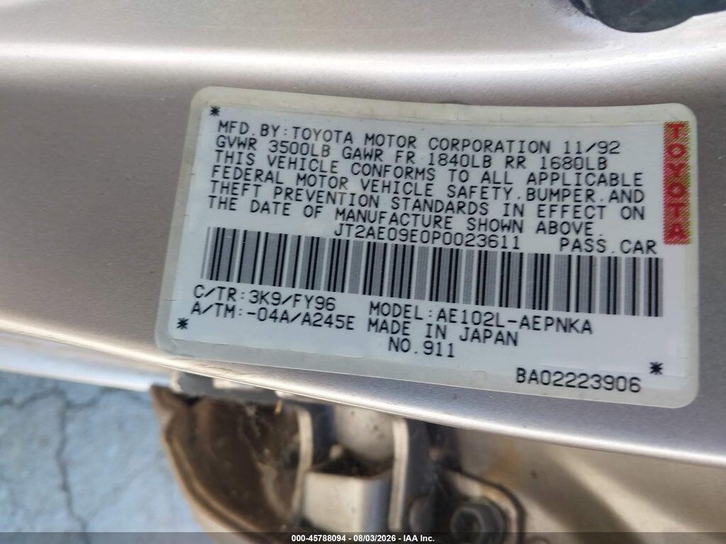JT2AE09E0P0023611 1993 TOYOTA COROLLA photo no. 9