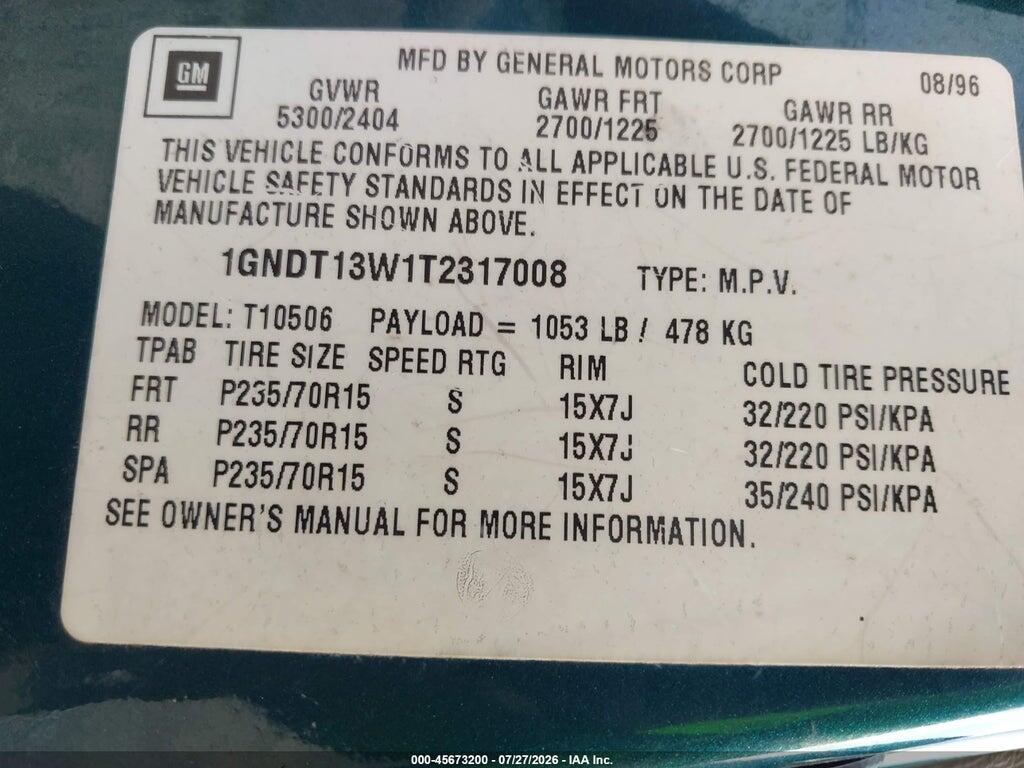 1GNDT13W1T2317008 1996 CHEVROLET BLAZER photo no. 9
