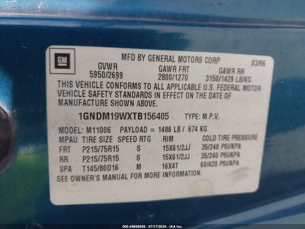 1GNDM19WXTB156405 1996 CHEVROLET ASTRO photo no. 9