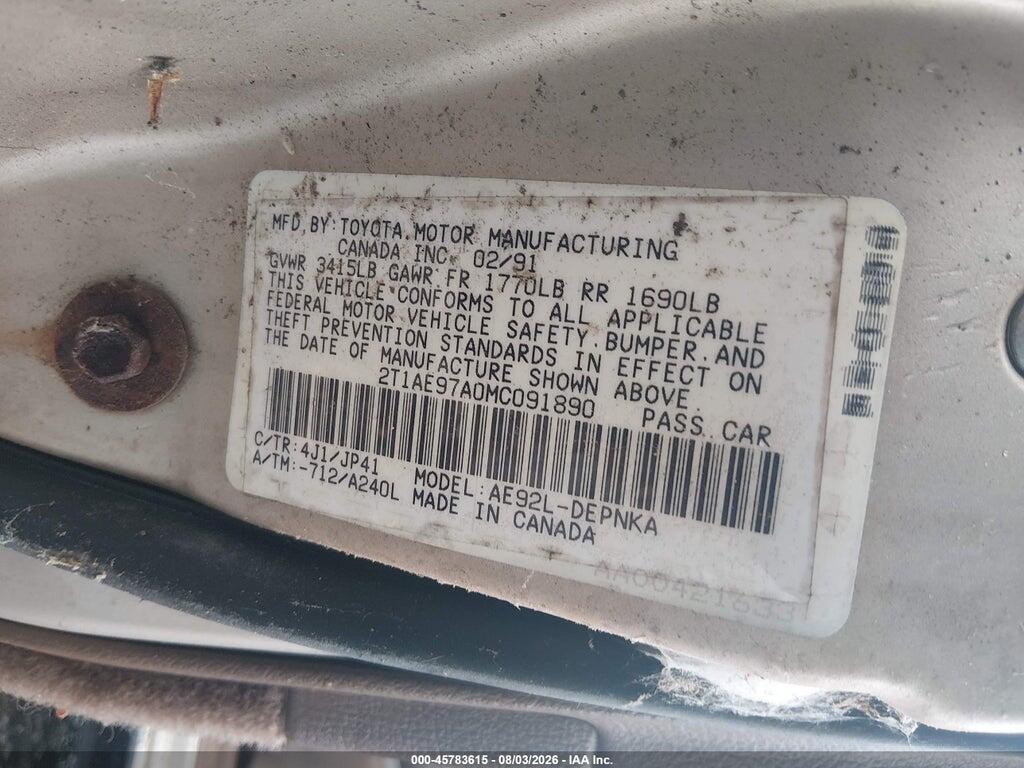 2T1AE97A0MC091890 1991 TOYOTA COROLLA photo no. 9