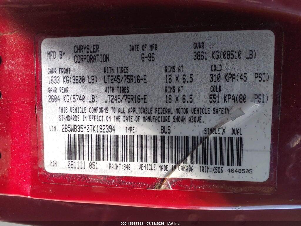 2B5WB35Y0TK182394 1996 DODGE RAM WAGON photo no. 9