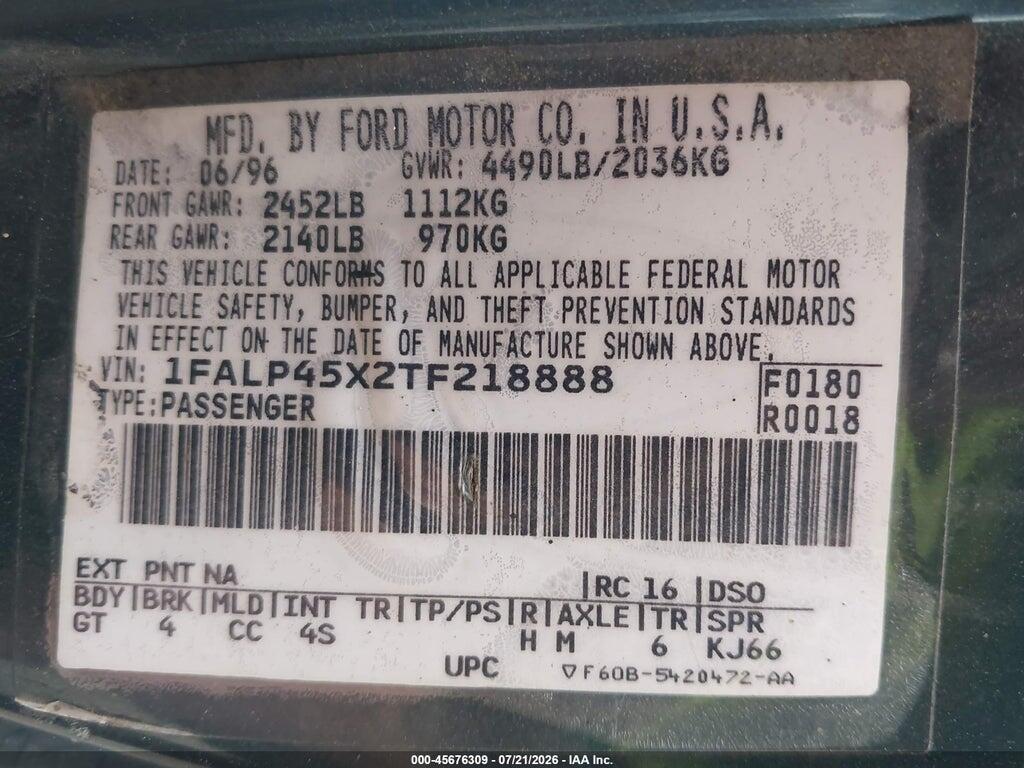 1FALP45X2TF218888 1996 FORD MUSTANG photo no. 9