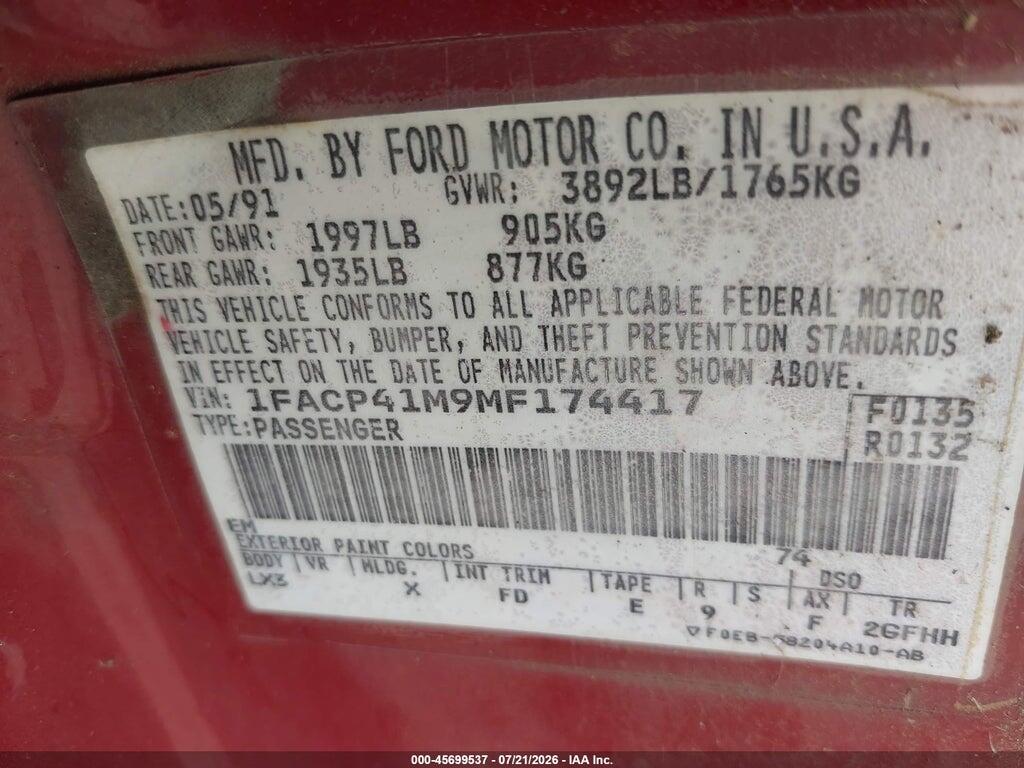 1FACP41M9MF174417 1991 FORD MUSTANG photo no. 9