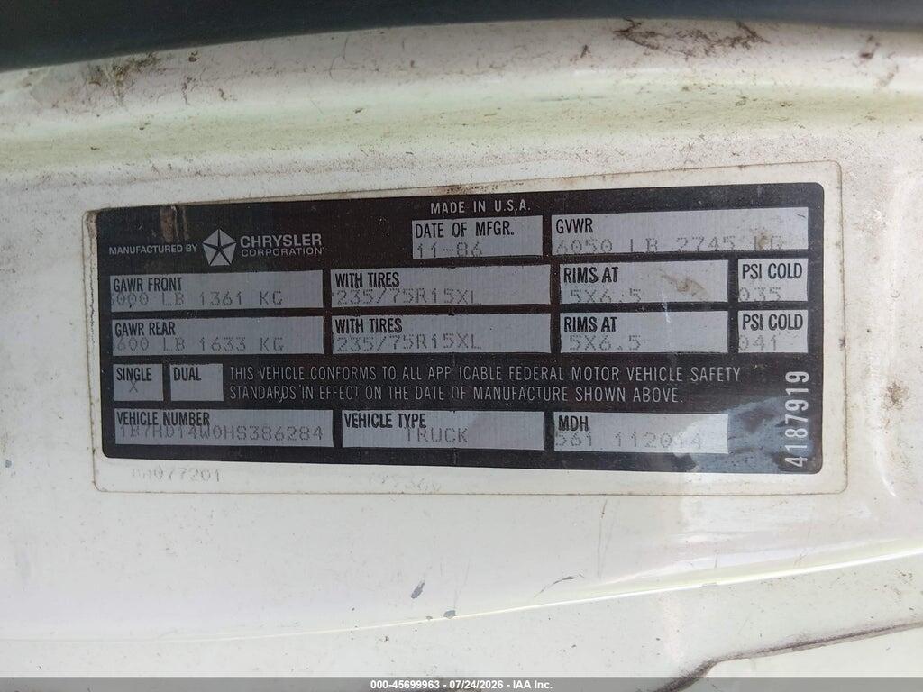 1B7HD14W0HS386284 1987 DODGE D-SERIES photo no. 9