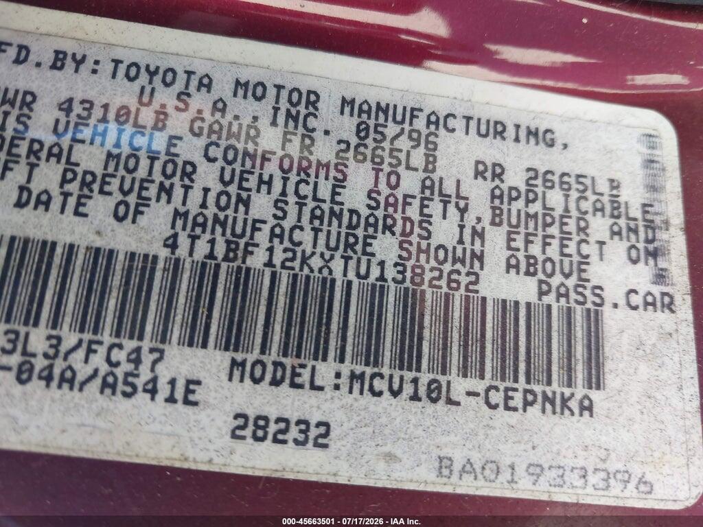 4T1BF12KXTU138262 1996 TOYOTA CAMRY photo no. 9