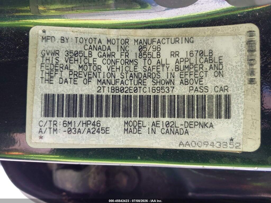 2T1BB02E0TC169537 1996 TOYOTA COROLLA photo no. 9