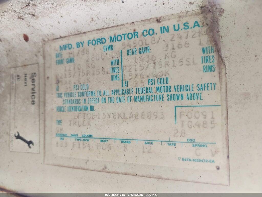 1FTDF15Y8KLA28893 1989 FORD F150 photo no. 9
