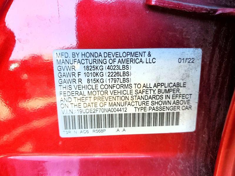 19UDE2F70NA004412 2022 ACURA ILX photo no. 12