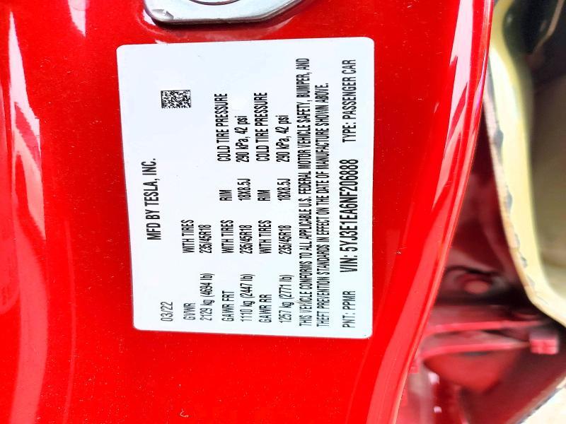 5YJ3E1EA6NF206888 2022 TESLA MODEL 3 photo no. 12