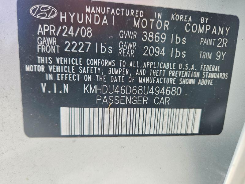 KMHDU46D68U494680 2008 HYUNDAI ELANTRA photo no. 12