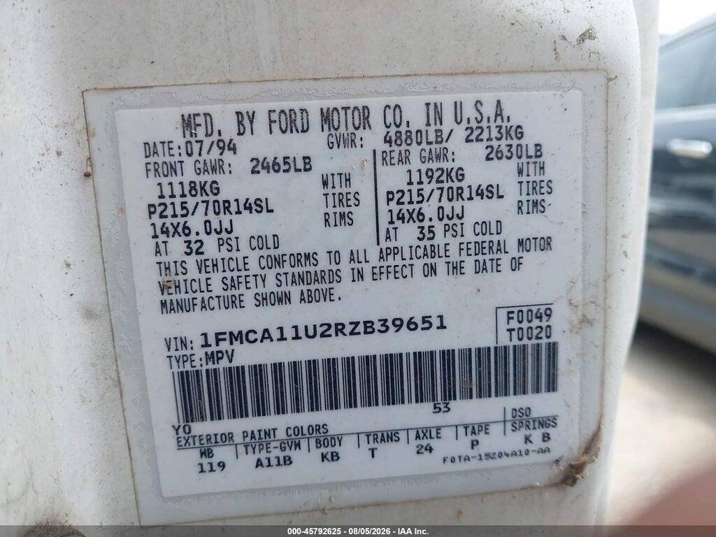 1FMCA11U2RZB39651 1994 FORD AEROSTAR photo no. 9