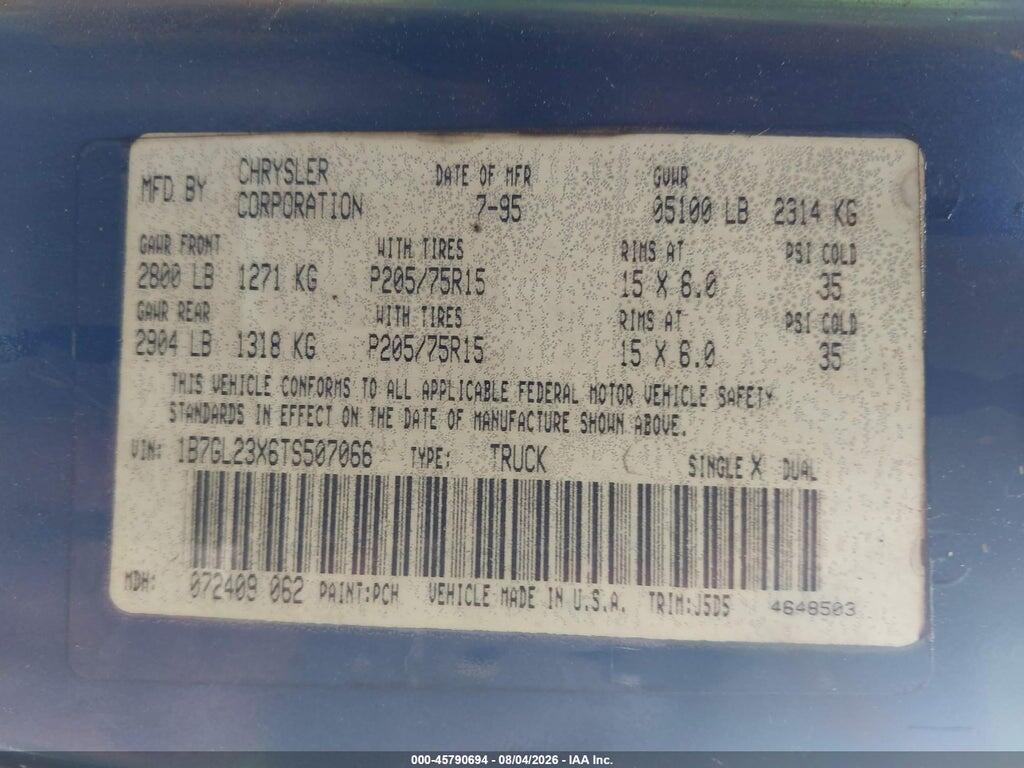 1B7GL23X6TS507066 1996 DODGE DAKOTA photo no. 9