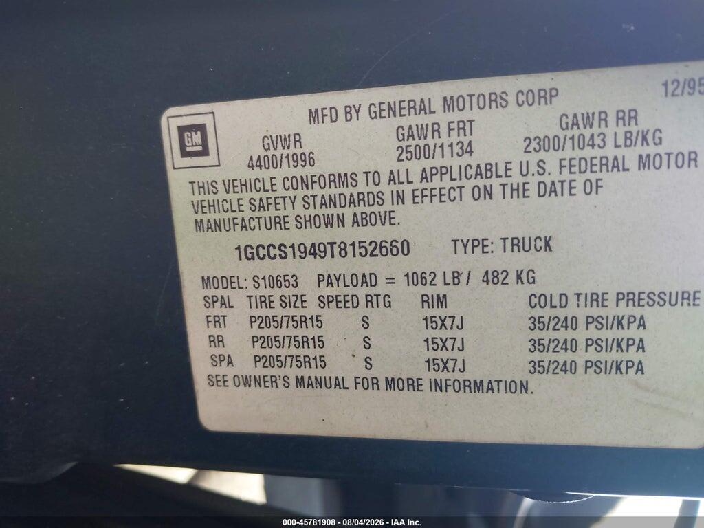 1GCCS1949T8152660 1996 CHEVROLET S TRUCK photo no. 9