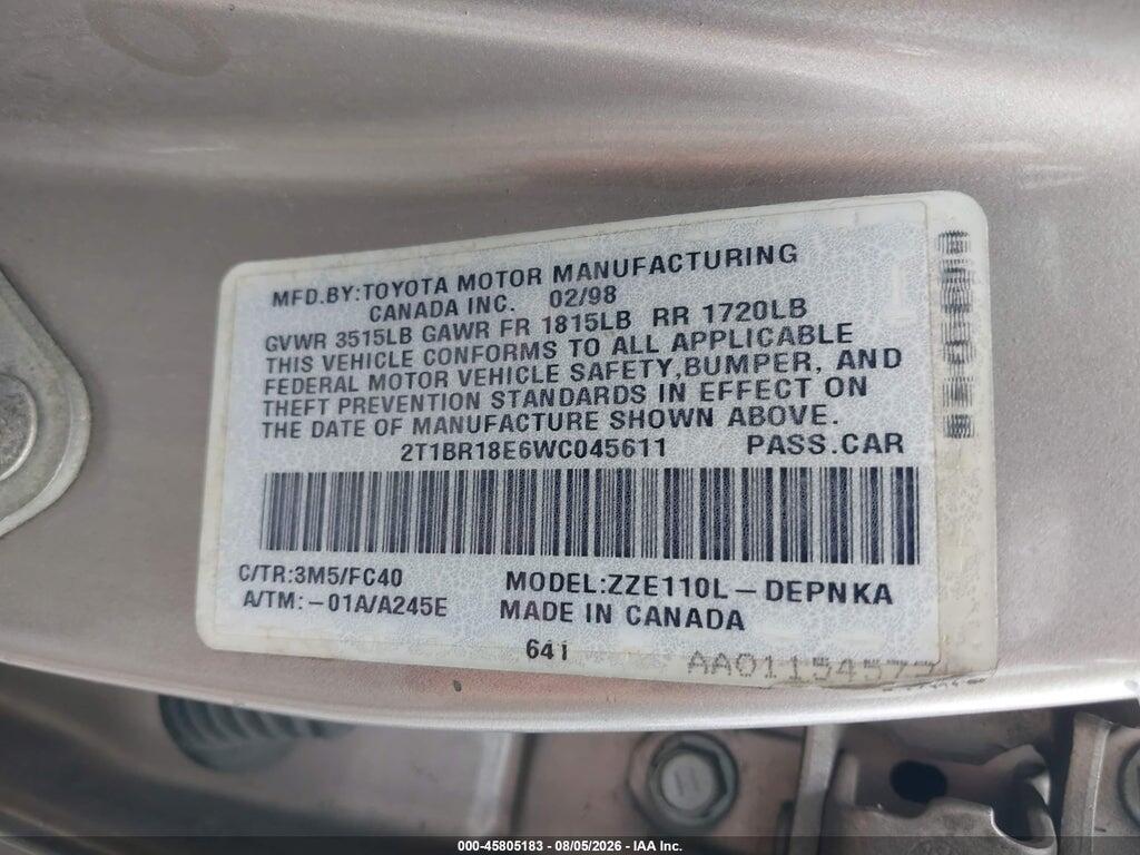 2T1BR18E6WC045611 1998 TOYOTA COROLLA photo no. 9