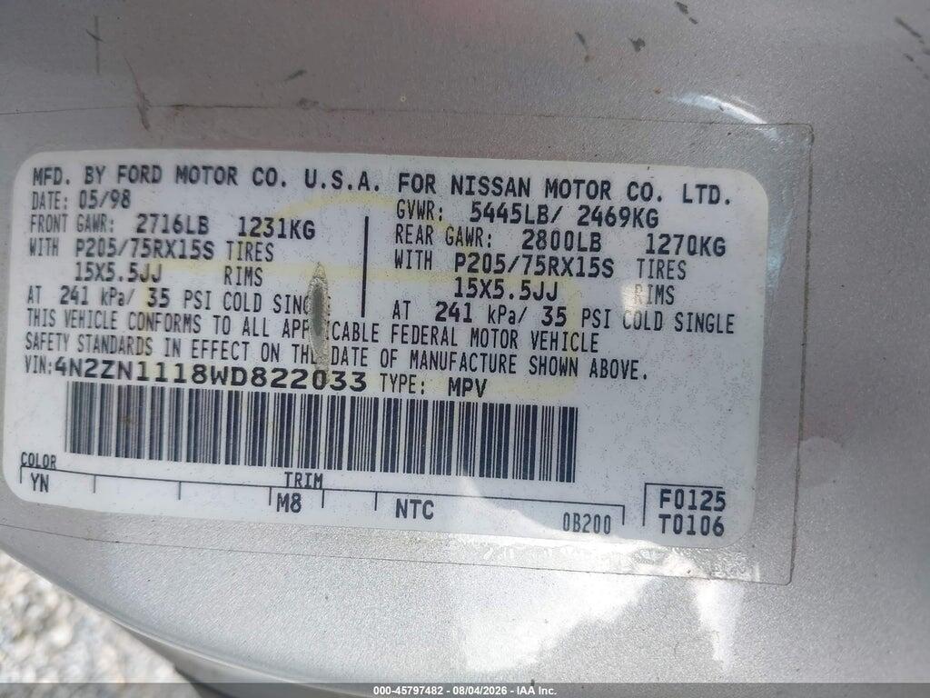 4N2ZN1118WD822033 1998 NISSAN QUEST photo no. 9
