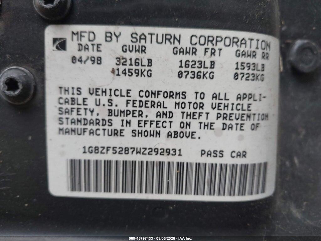 1G8ZF5287WZ292931 1998 SATURN SL photo no. 9