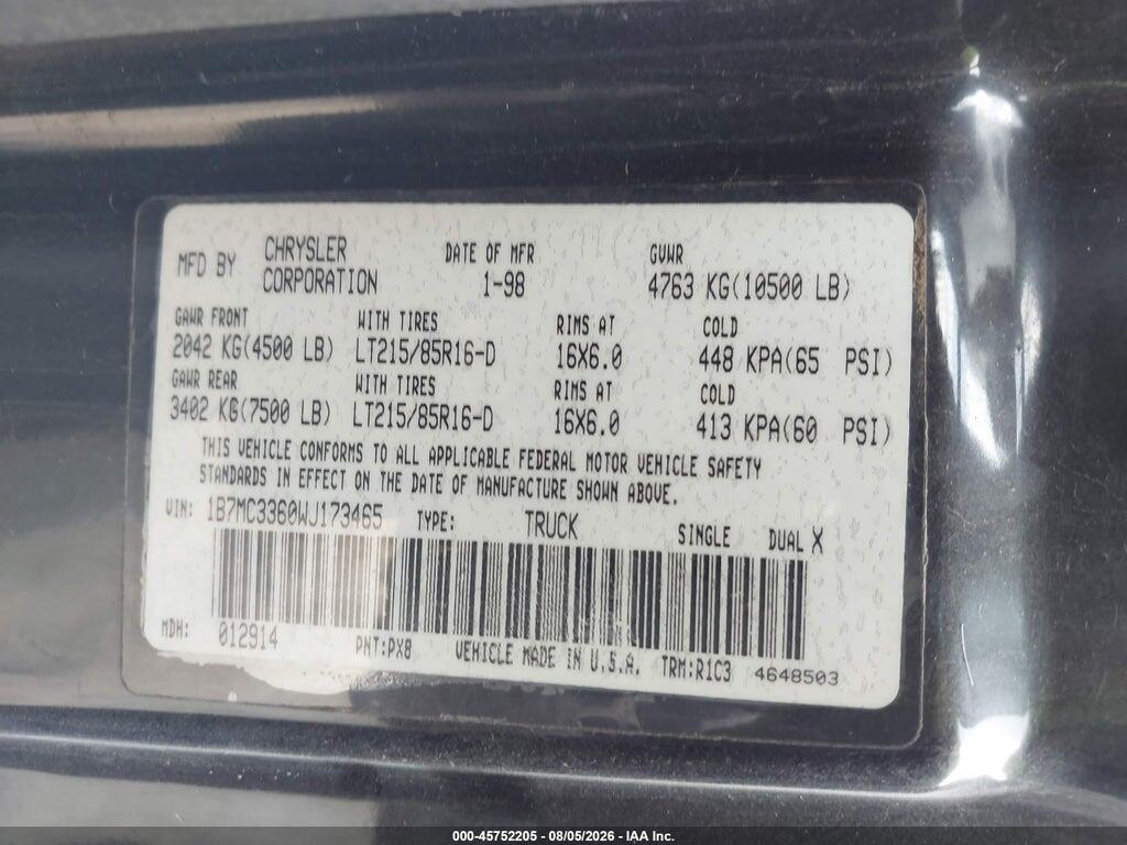 1B7MC3360WJ173465 1998 DODGE RAM 3500 photo no. 9