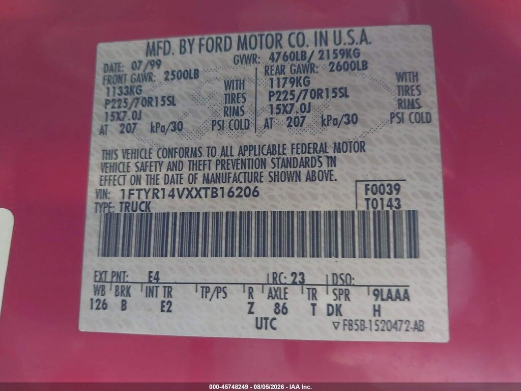 1FTYR14VXXTB16206 1999 FORD RANGER photo no. 9