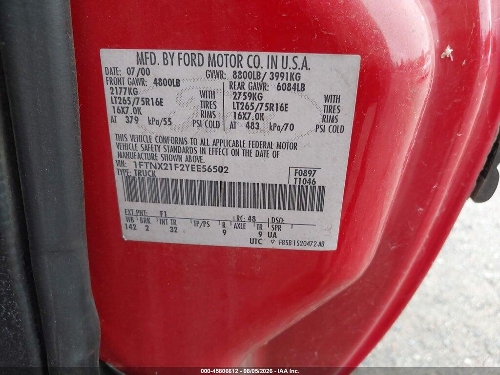 1FTNX21F2YEE56502 2000 FORD F-250 photo no. 9