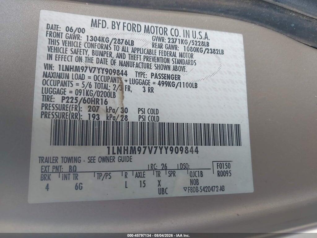 1LNHM97V7YY909844 2000 LINCOLN CONTINENTAL photo no. 9