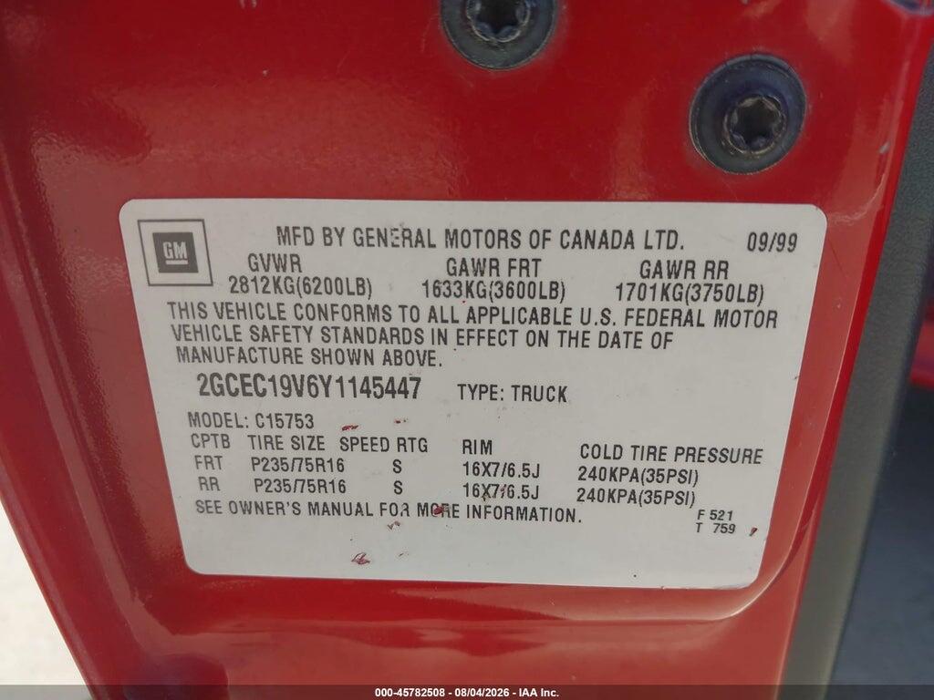 2GCEC19V6Y1145447 2000 CHEVROLET SILVERADO 1500 photo no. 9
