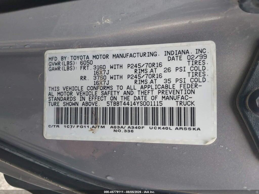 5TBBT4414YS001115 2000 TOYOTA TUNDRA photo no. 9