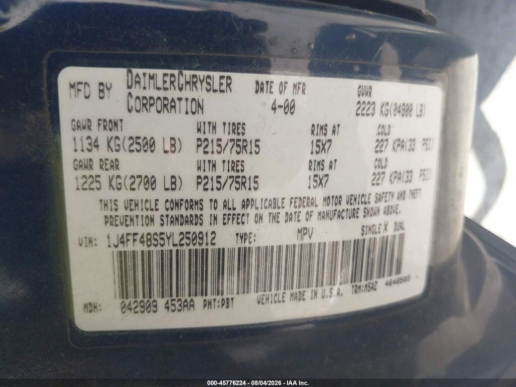 1J4FF48S5YL250912 2000 JEEP CHEROKEE photo no. 9