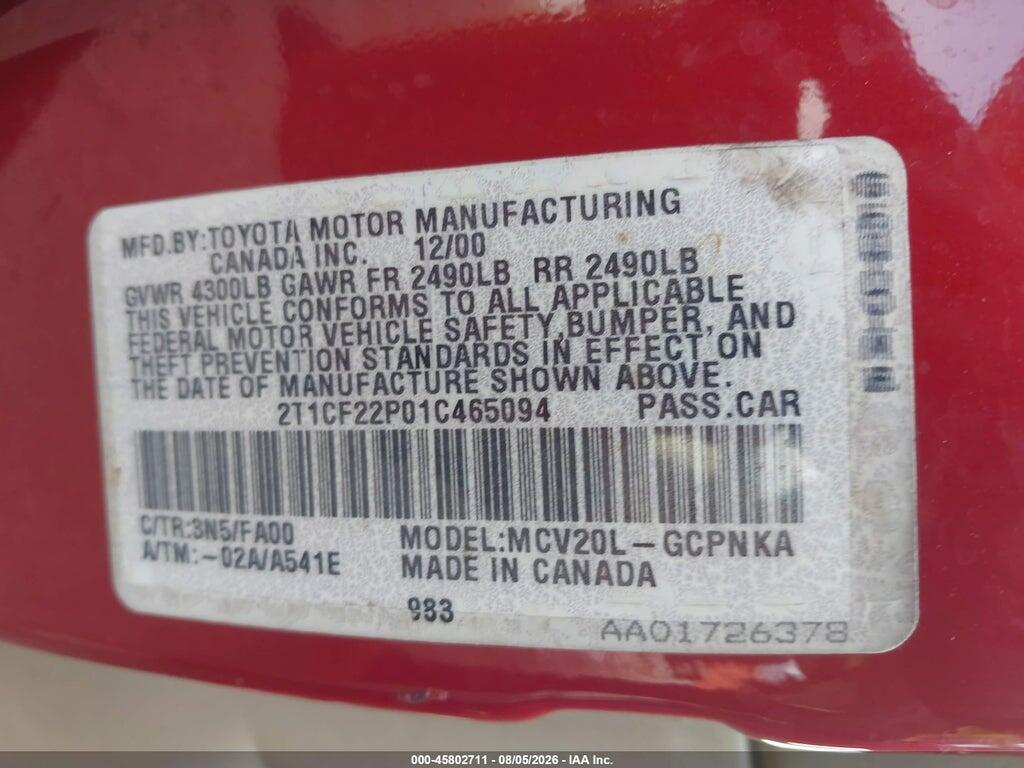 2T1CF22P01C465094 2001 TOYOTA CAMRY SOLARA photo no. 9