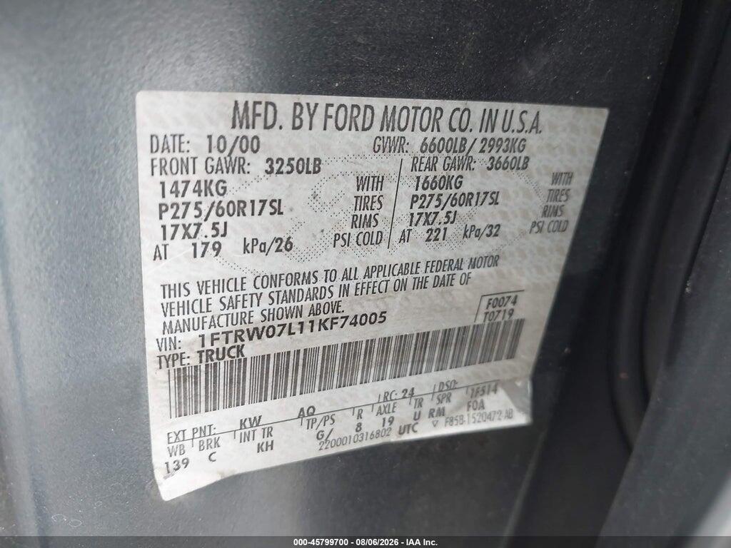 1FTRW07L11KF74005 2001 FORD F-150 photo no. 9