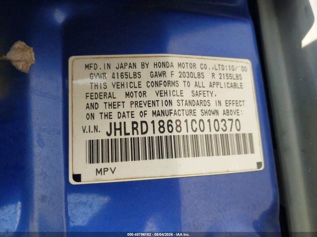 JHLRD18681C010370 2001 HONDA CR-V photo no. 9