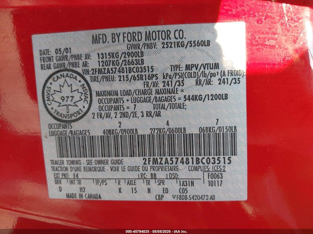 2FMZA57481BC03515 2001 FORD WINDSTAR photo no. 9