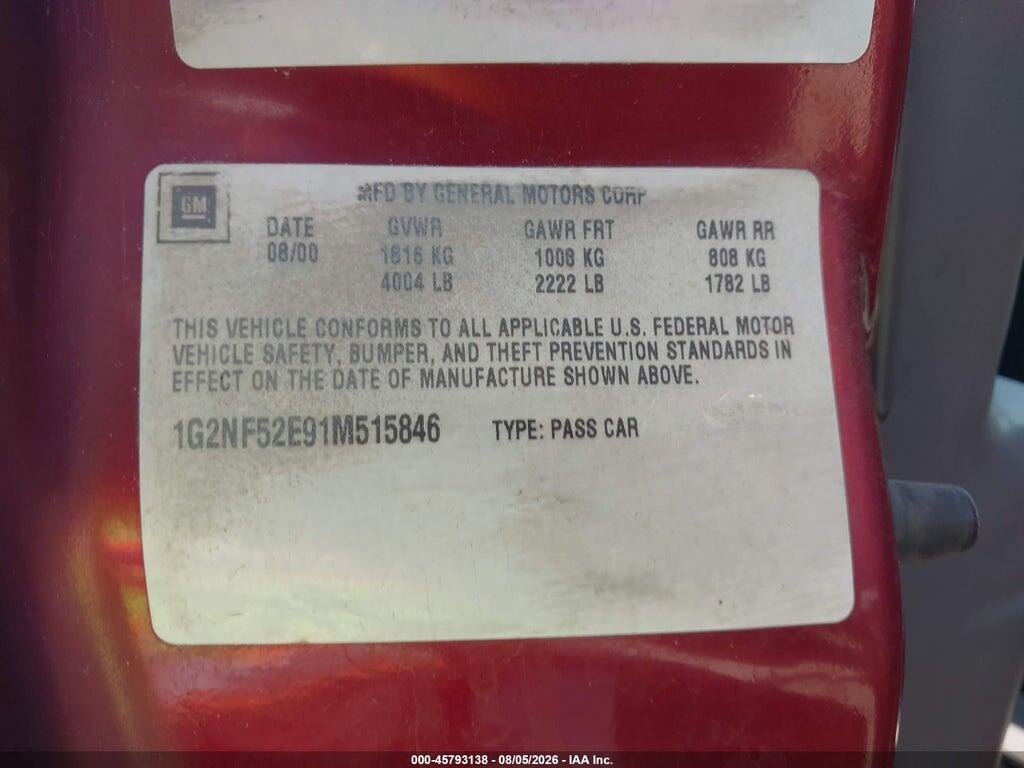 1G2NF52E91M515846 2001 PONTIAC GRAND AM photo no. 9