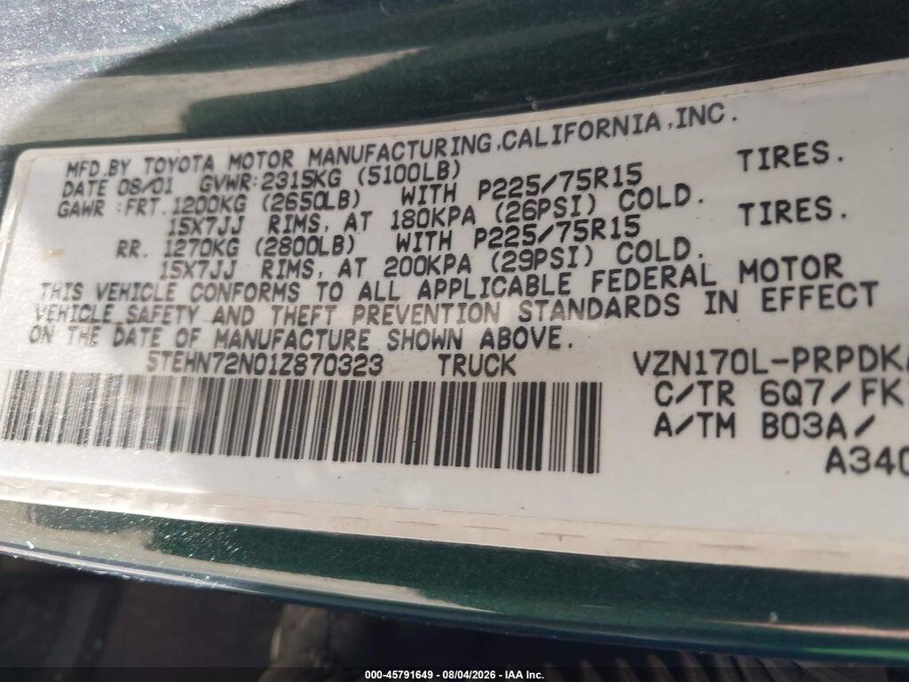 5TEHN72N01Z870323 2001 TOYOTA TACOMA photo no. 9
