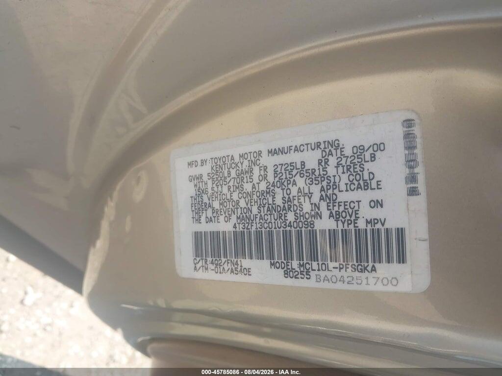 4T3ZF13C01U340098 2001 TOYOTA SIENNA photo no. 9