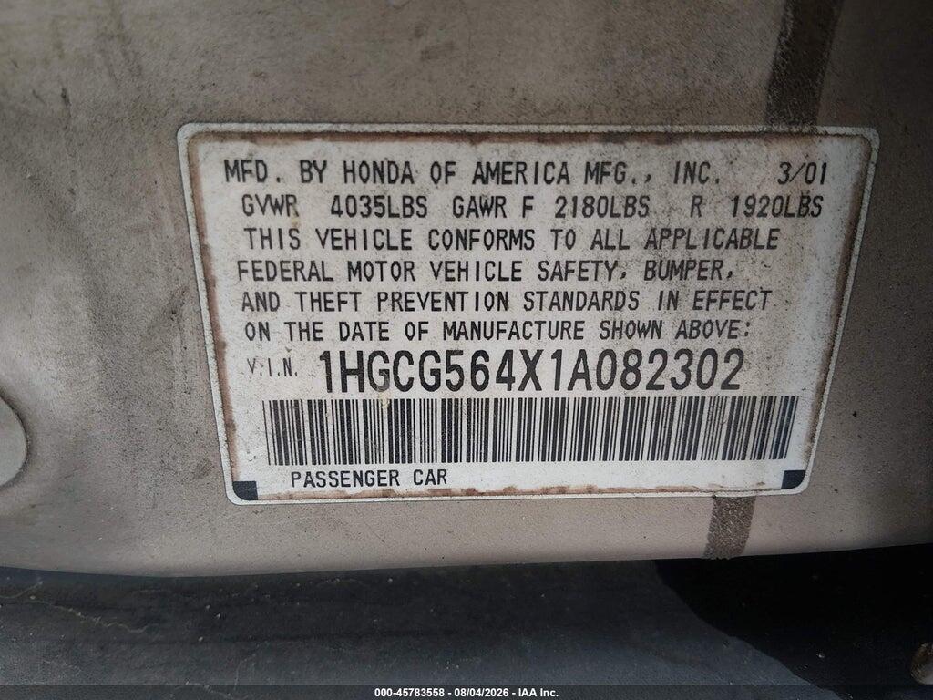 1HGCG564X1A082302 2001 HONDA ACCORD photo no. 9
