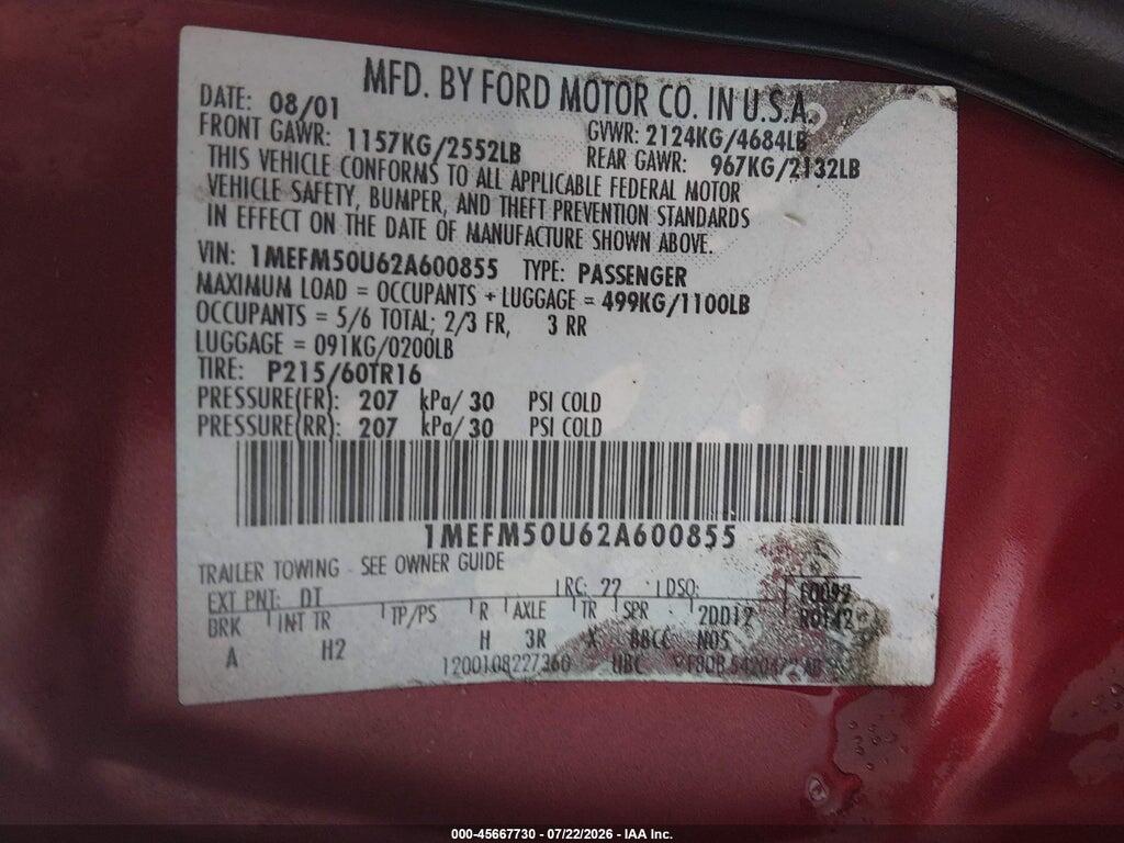 1MEFM50U62A600855 2002 MERCURY SABLE photo no. 9