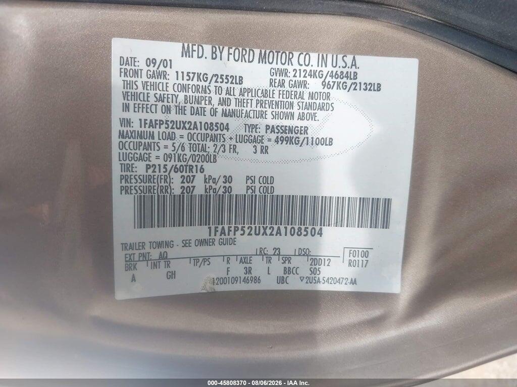 1FAFP52UX2A108504 2002 FORD TAURUS photo no. 9