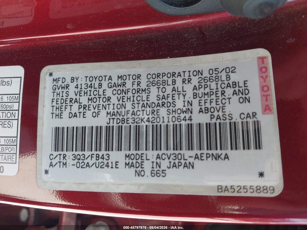 JTDBE32K420110644 2002 TOYOTA CAMRY photo no. 9