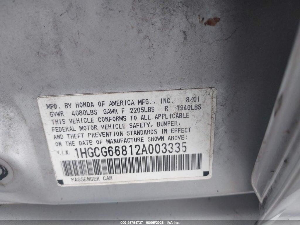1HGCG66812A003335 2002 HONDA ACCORD photo no. 9