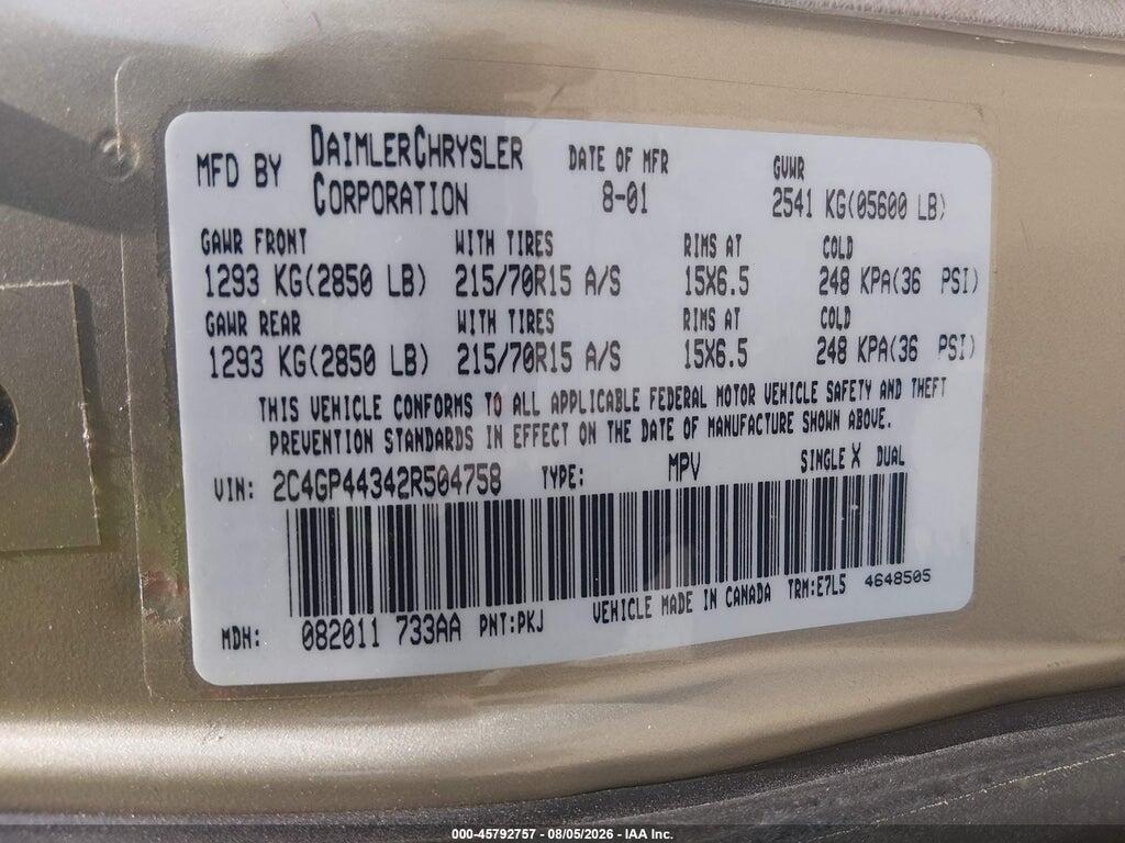 2C4GP44342R504758 2002 CHRYSLER TOWN & COUNTRY photo no. 9