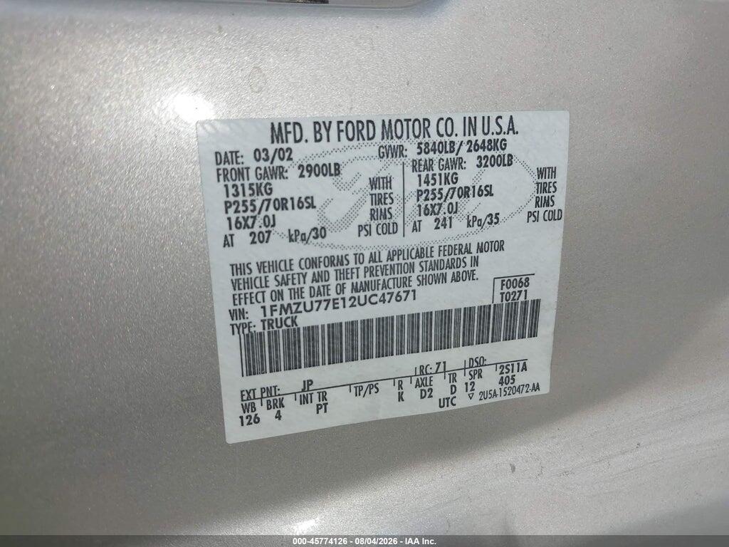 1FMZU77E12UC47671 2002 FORD EXPLORER SPORT TRAC photo no. 9