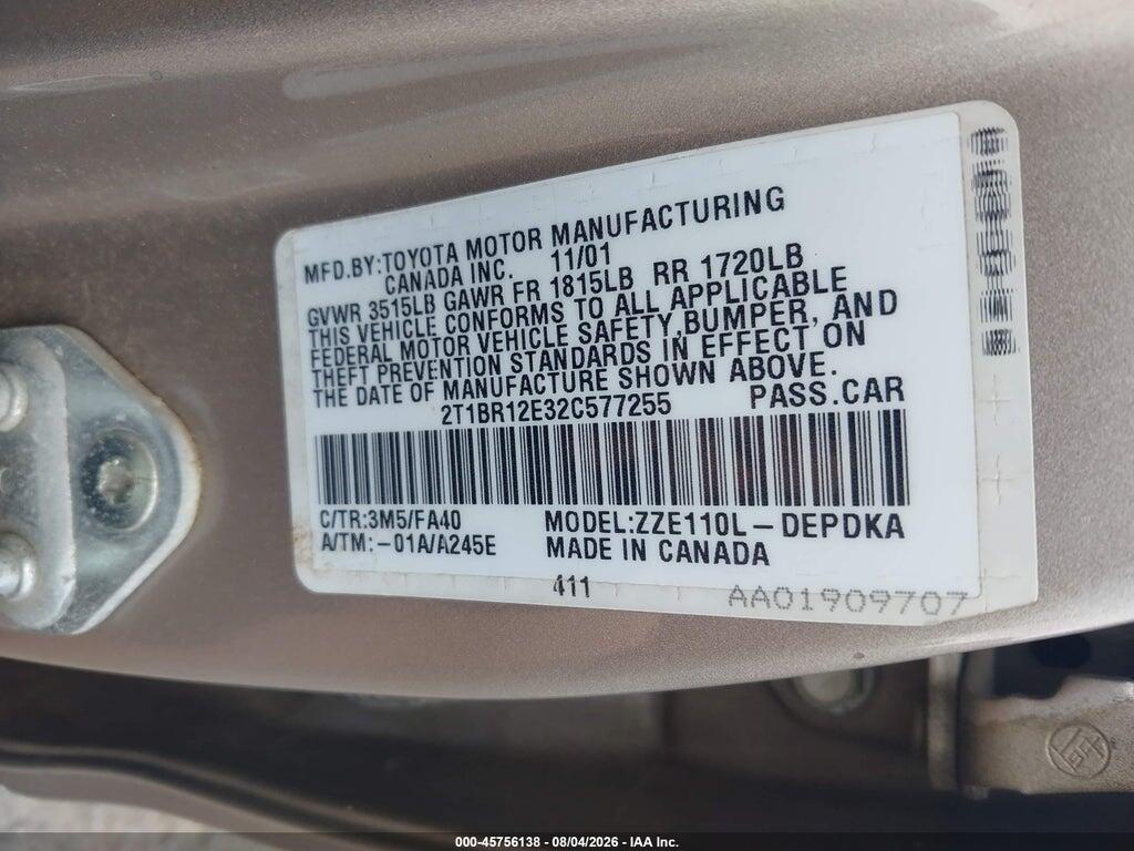 2T1BR12E32C577255 2002 TOYOTA COROLLA photo no. 9