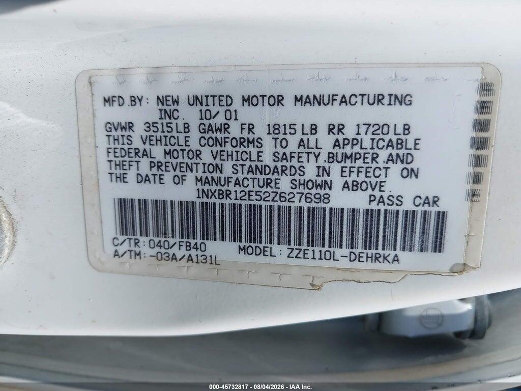 1NXBR12E52Z627698 2002 TOYOTA COROLLA photo no. 9