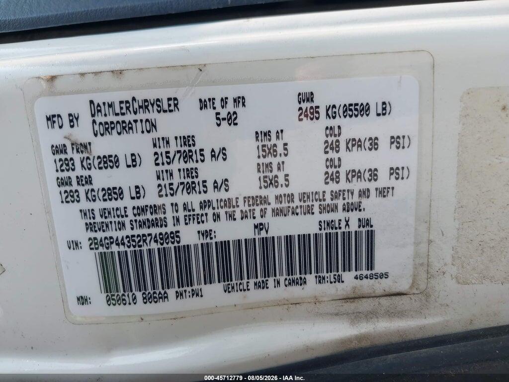 2B4GP44352R749095 2002 DODGE GRAND CARAVAN photo no. 9