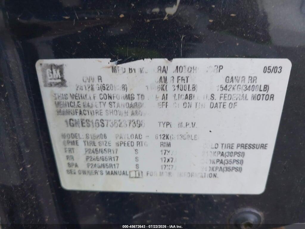 1GNES16S736237396 2003 CHEVROLET TRAILBLAZER EXT photo no. 9